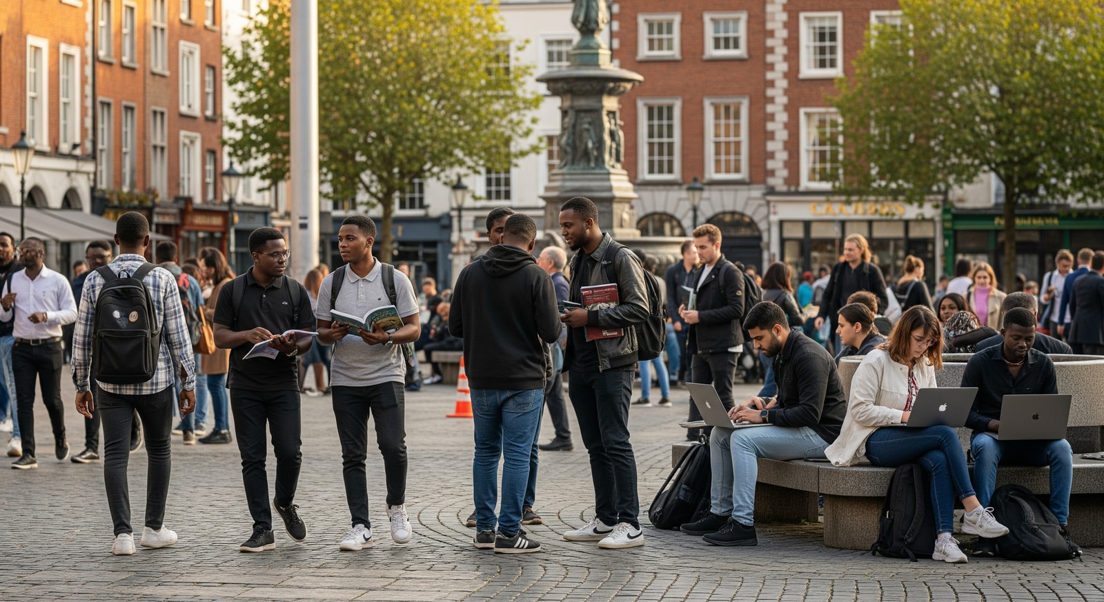 Students and remote workers in European city squares representing migration hotspots for Nigerians