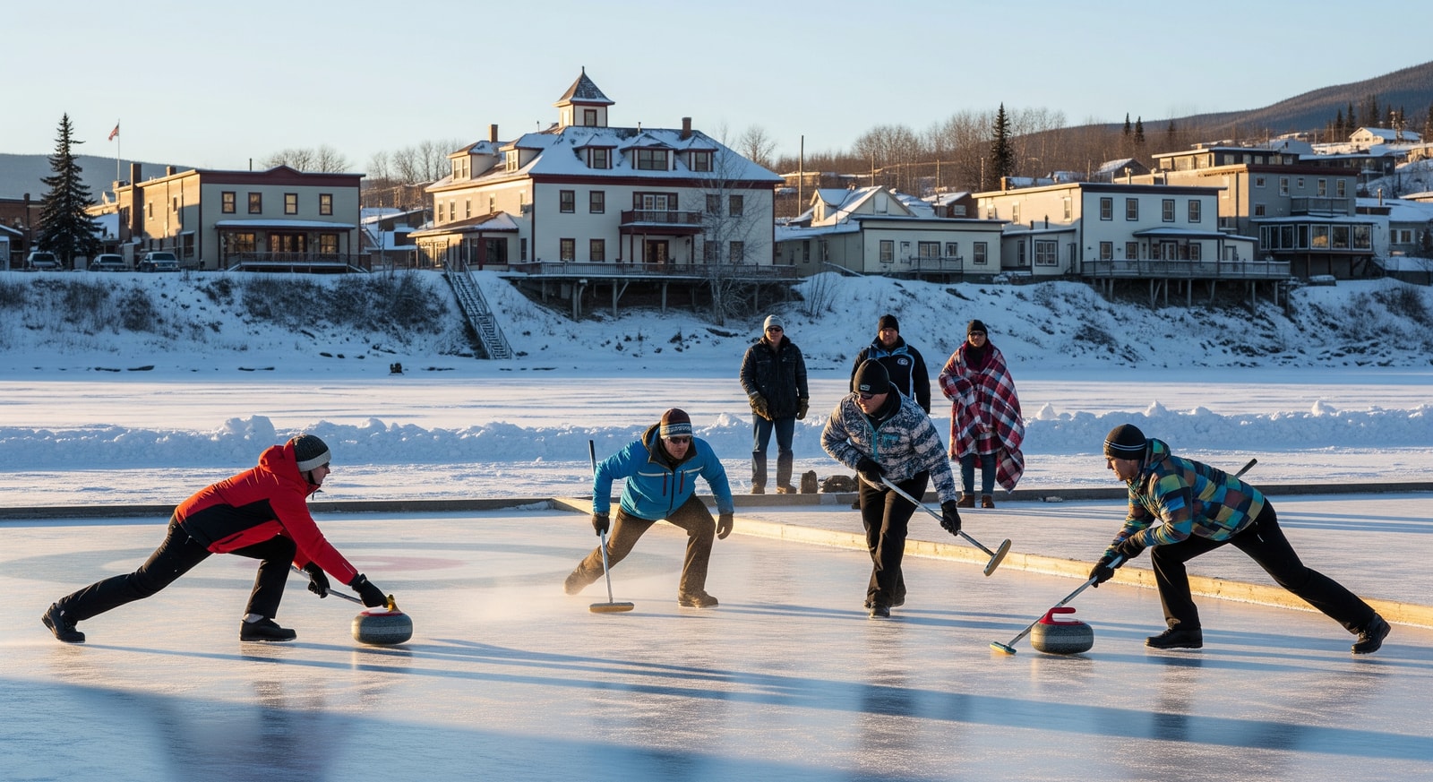Curlers competing on natural ice at the Dawson City Bonspiel with spectators and historic town buildings visible