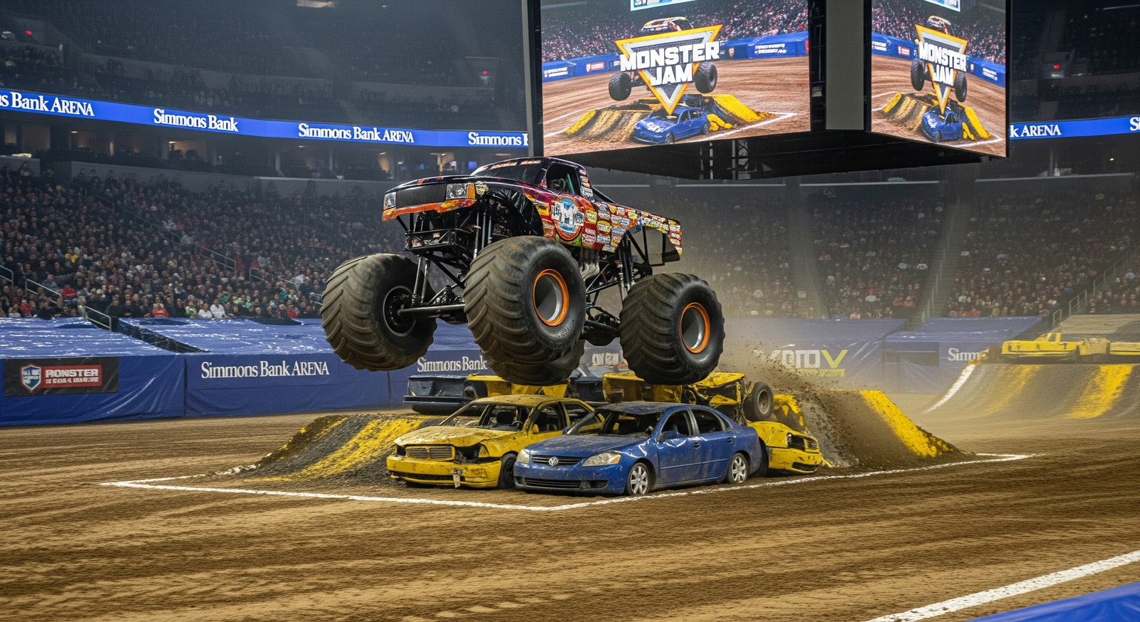 Monster trucks performing stunts at Simmons Bank Arena during a live Monster Jam event