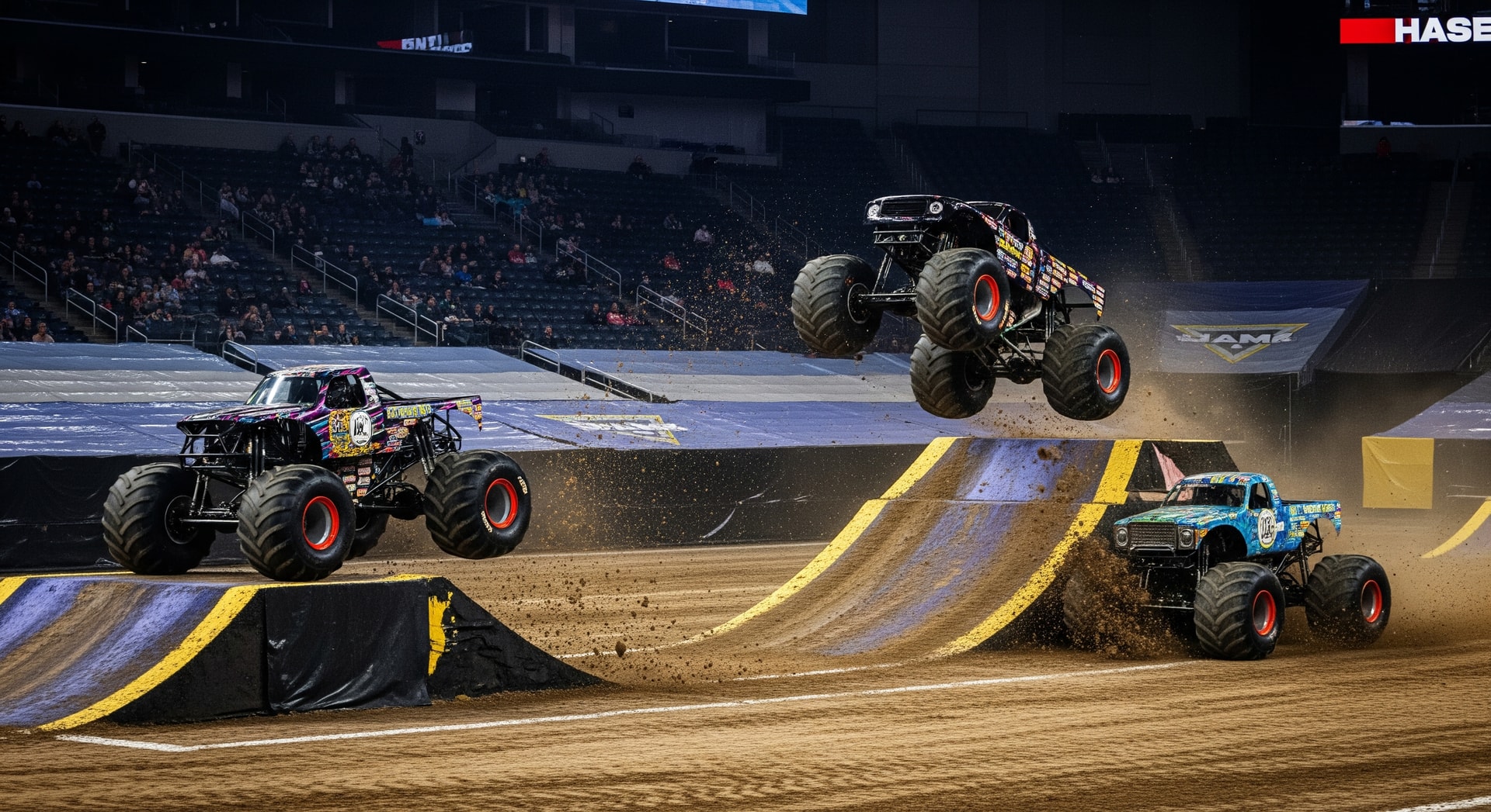 Monster trucks performing stunts at an indoor arena during a live Monster Jam event