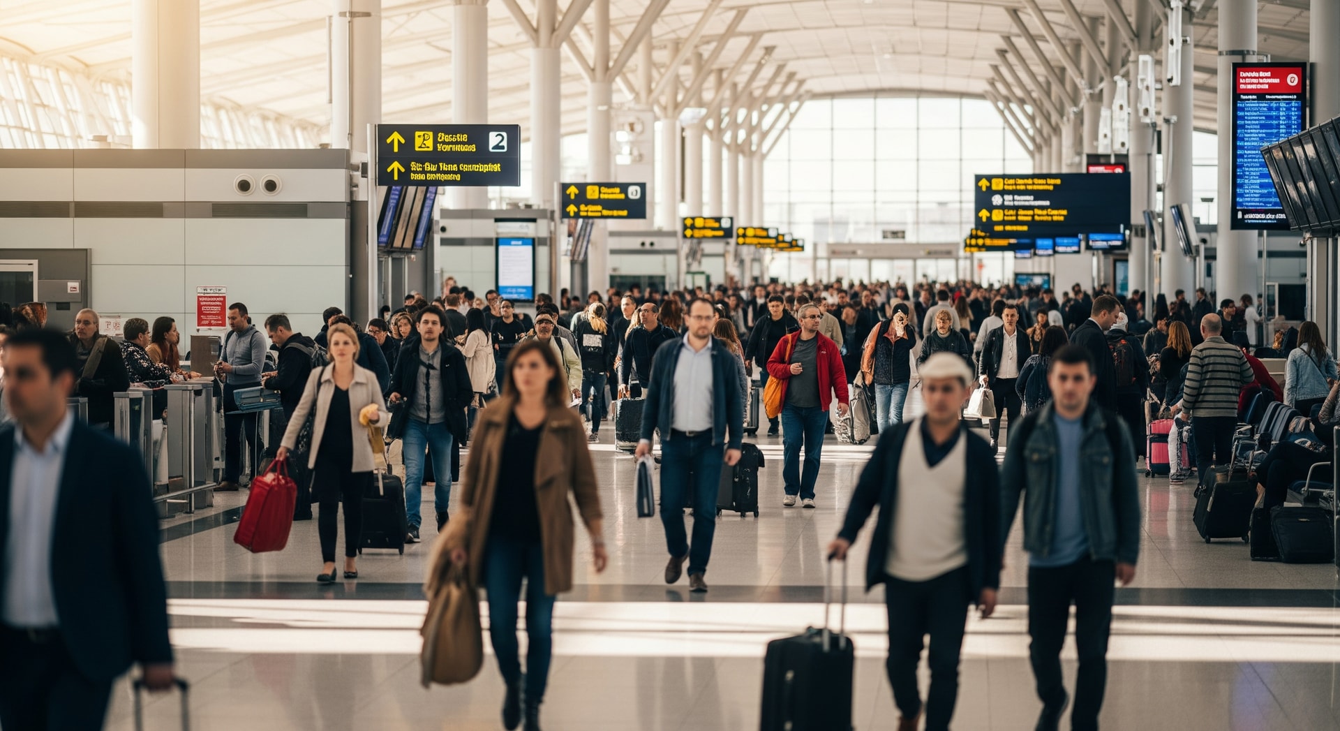 Passengers at an international terminal reflecting trends in global tourism and travel sentiment