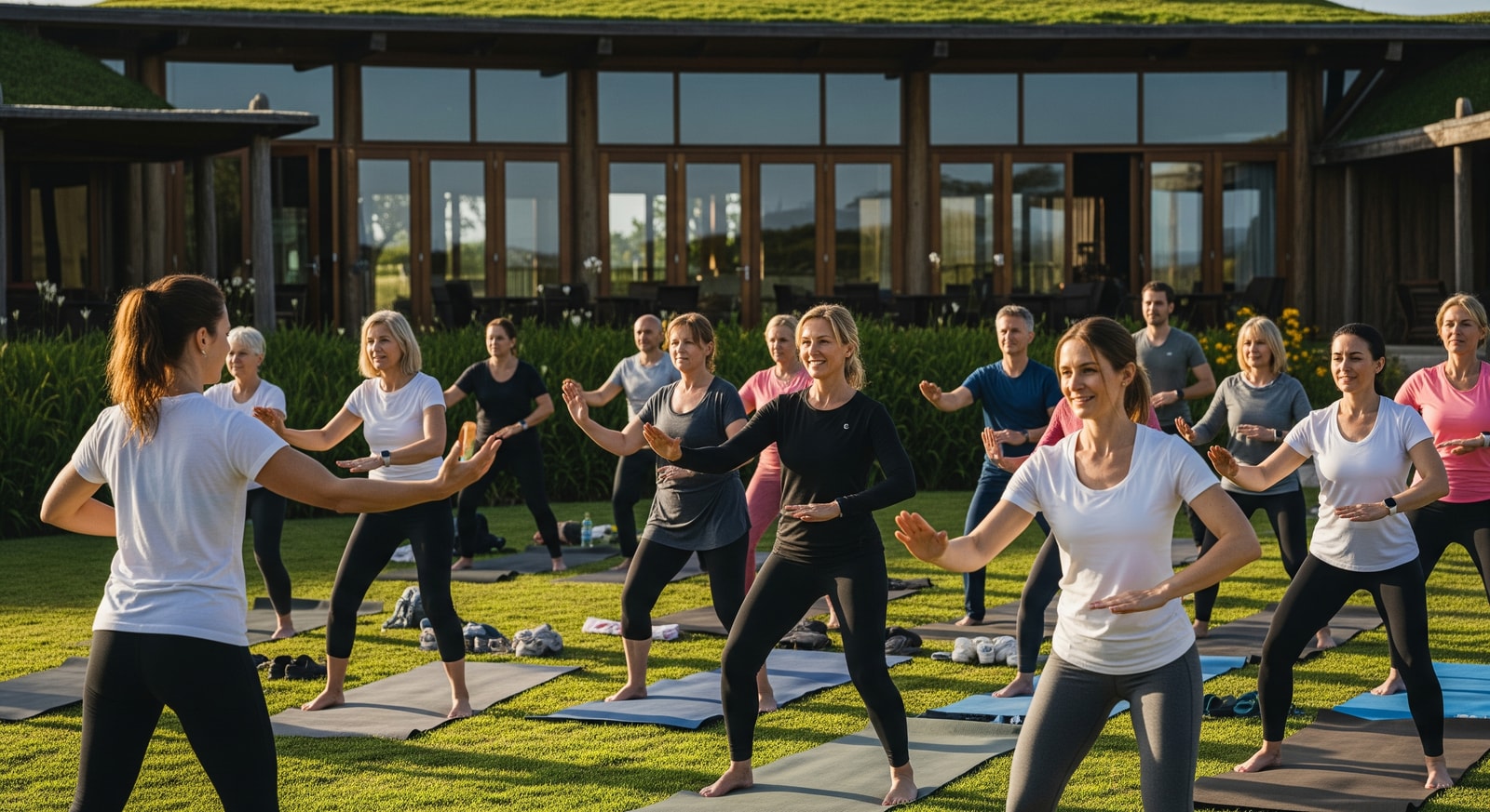 Wellness travelers participating in a guided group movement session, reflecting wellness travel trends for 2026