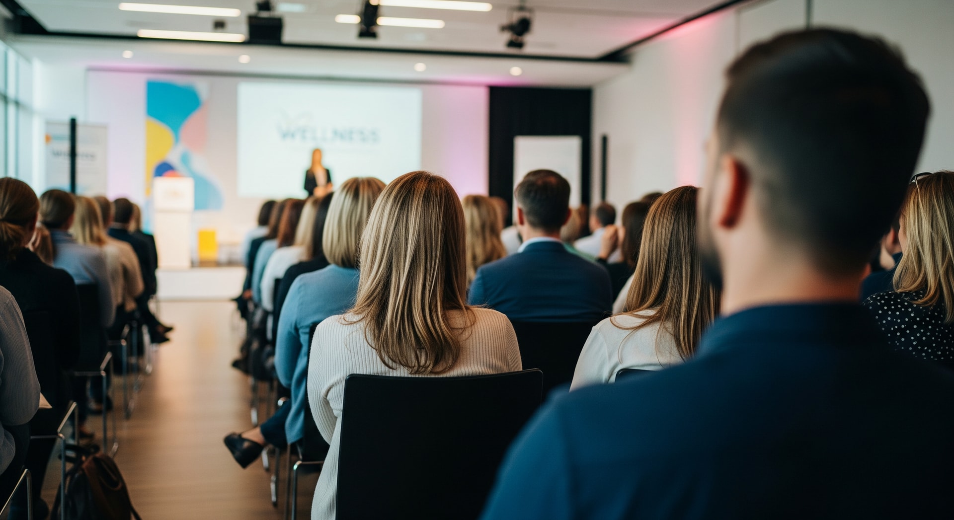 A wellness-focused conference setting with attendees listening to a presentation