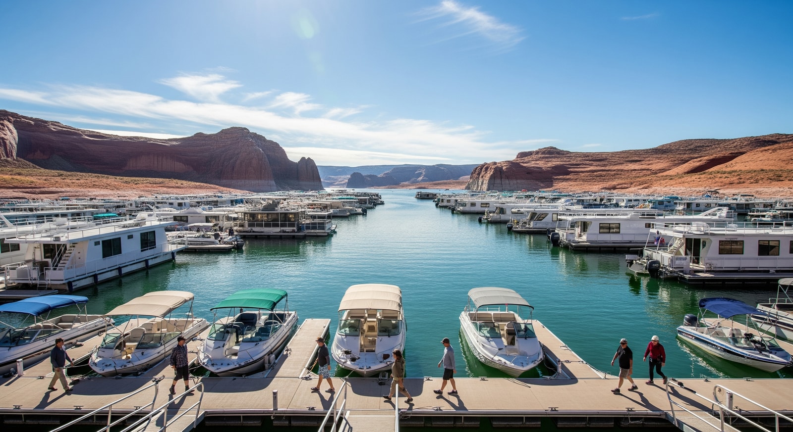 Boats and visitors at Wahweap Marina in Glen Canyon National Recreation Area