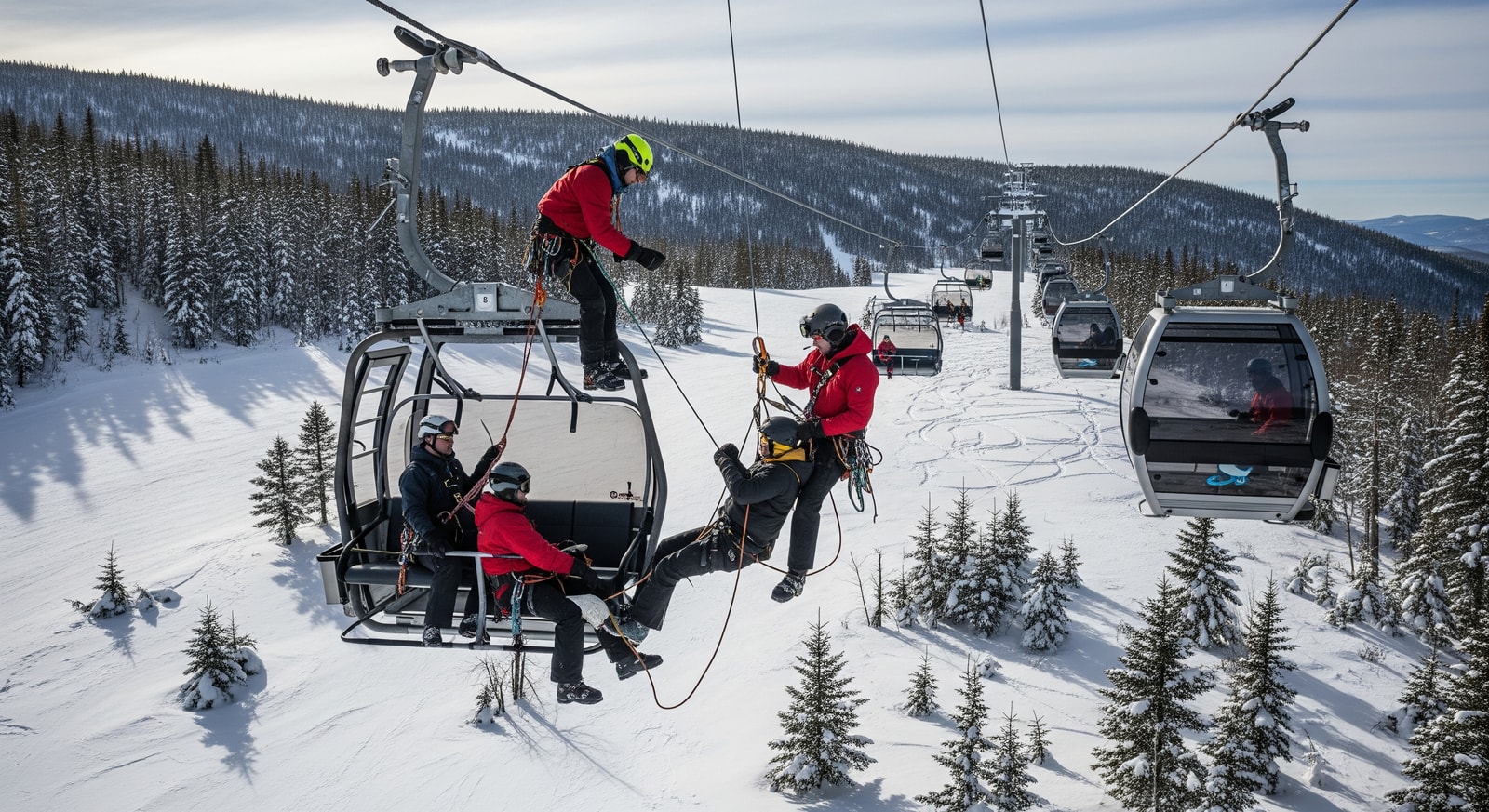 Rescue personnel conducting a lift evacuation from gondola cabins above snowy Adirondack terrain at Gore Mountain, New York