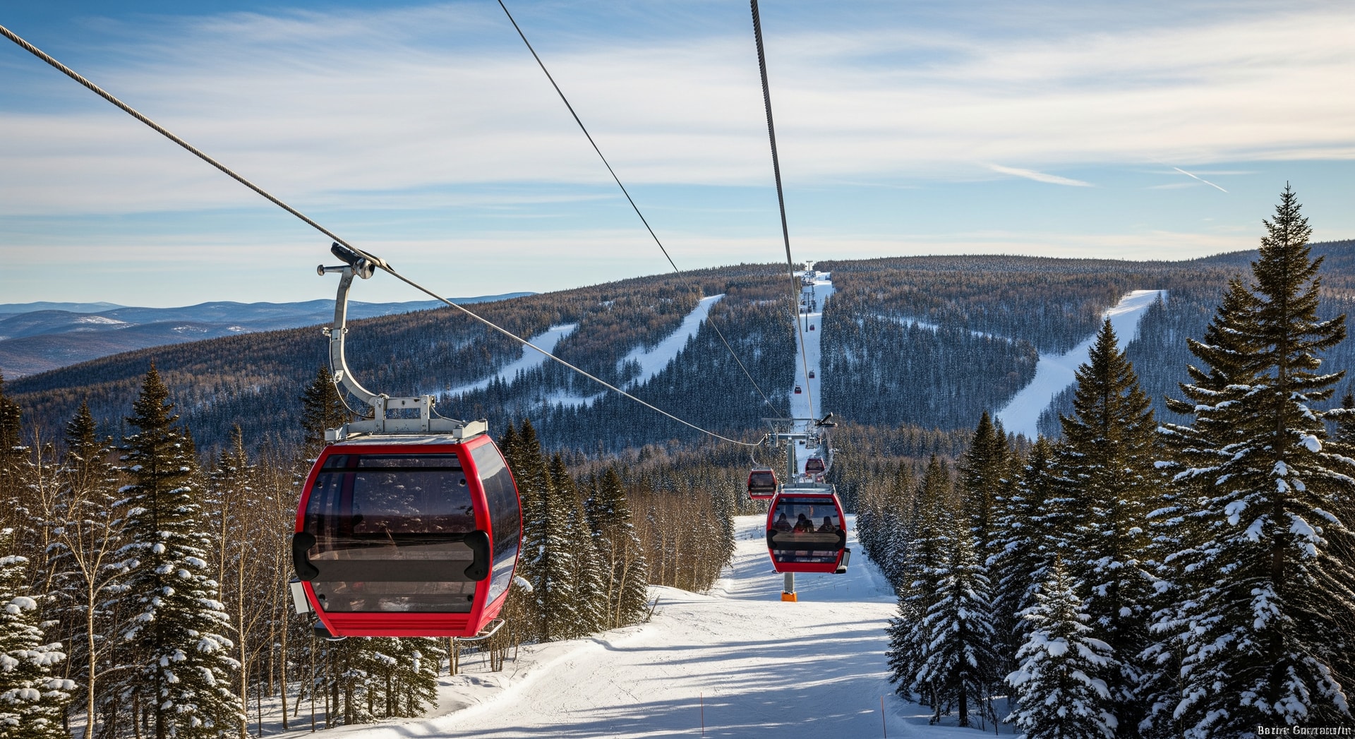 Ski gondola cabins suspended above snowy forested slopes at Gore Mountain in New York