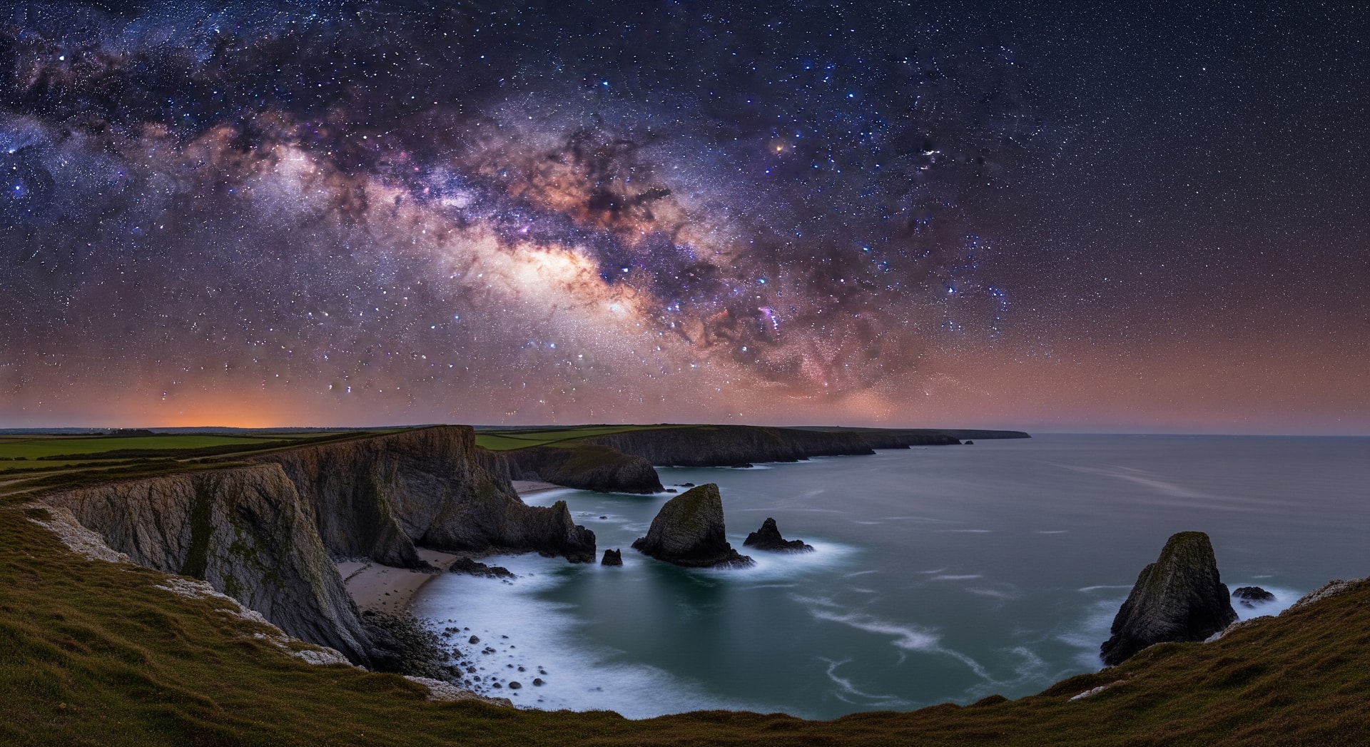 Night sky over the Gower Peninsula with the Milky Way visible above dark coastal cliffs