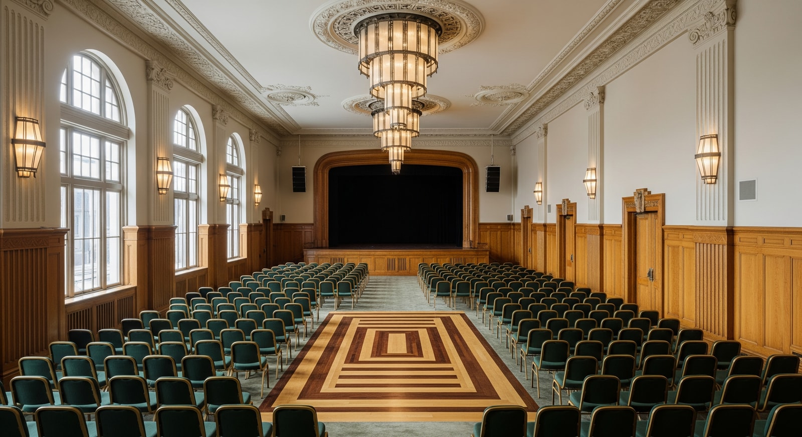 Interior view of restored Art Deco ballroom and seating at Grand Hotel Leicester, showcasing event space and heritage design
