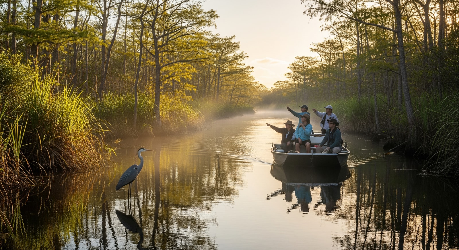 Visitors exploring a tranquil waterway in the Everglades, an ideal spot for digital detox and wildlife watching