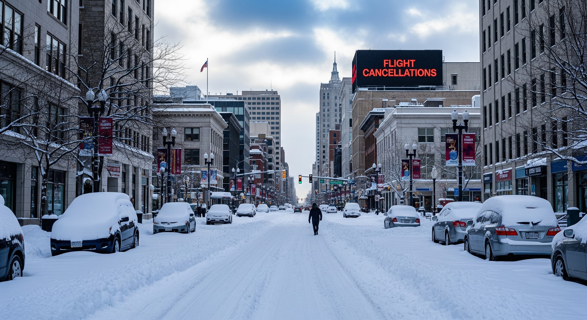 Snow-covered urban street with cancelled flights and winter travel disruption