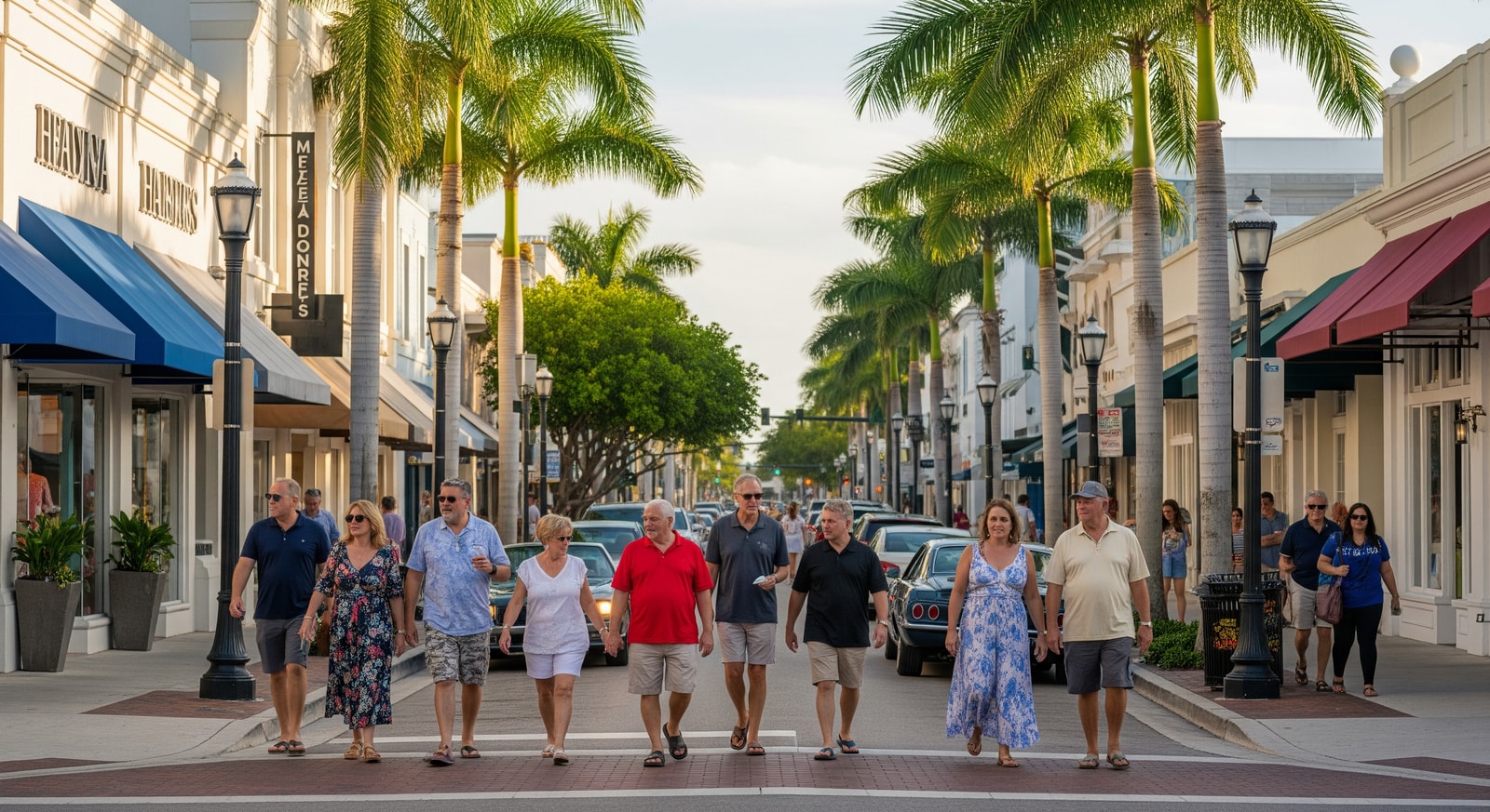 Visitors strolling on Fifth Avenue South in Naples with shops and palm trees, reflecting domestic tourism trends