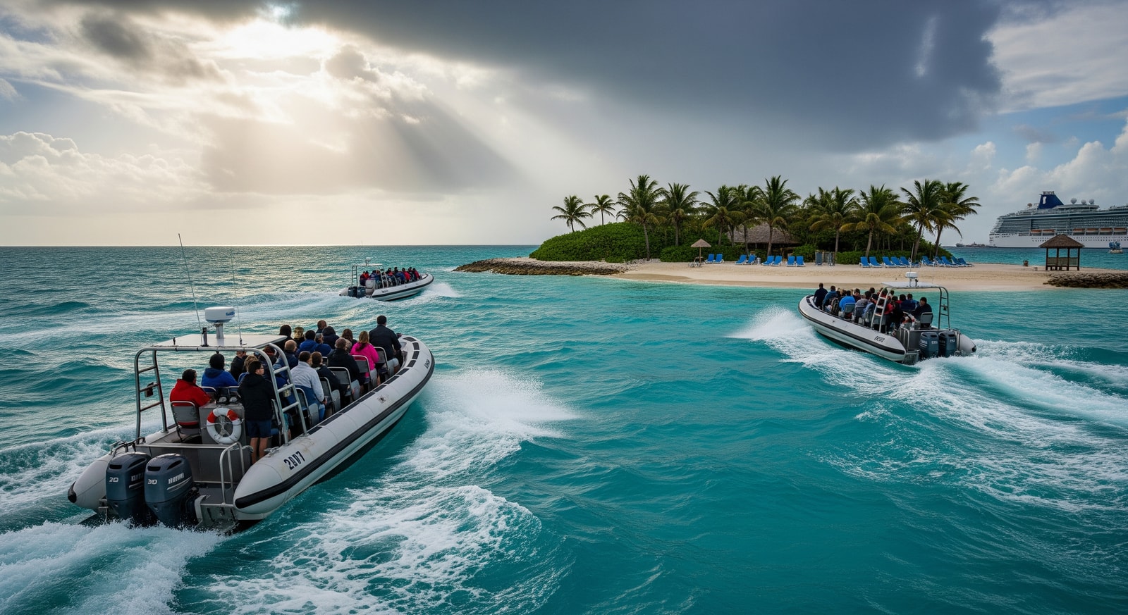 Tender boats ferrying cruise passengers to a private island in the Bahamas amid winter storm conditions