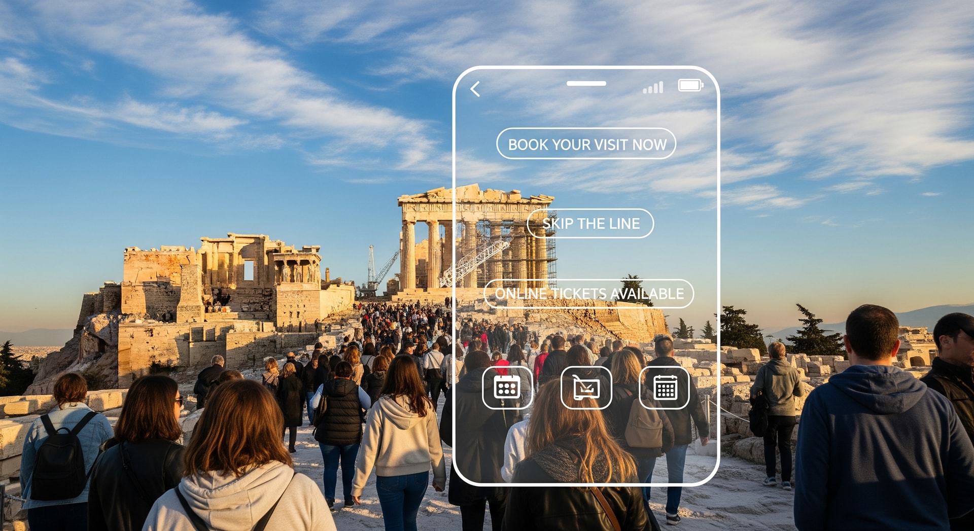 Visitors at the Acropolis with an overlay suggesting online booking access
