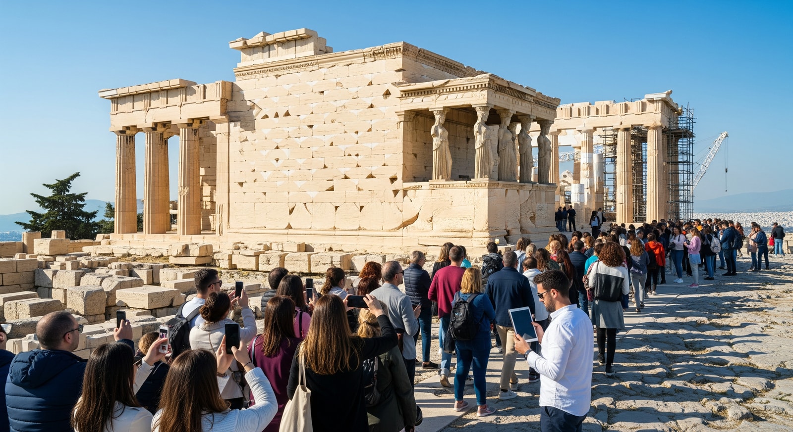 Tourists at the Acropolis in Athens with digital devices and queues, illustrating demand and the need for digital ticketing