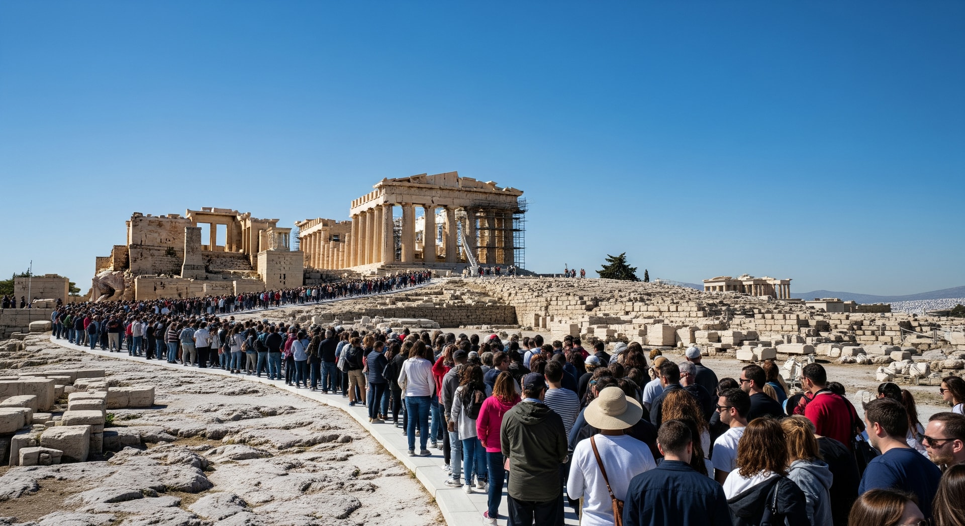 Visitors queue outside the Acropolis in Athens, Greece, illustrating demand at cultural heritage sites