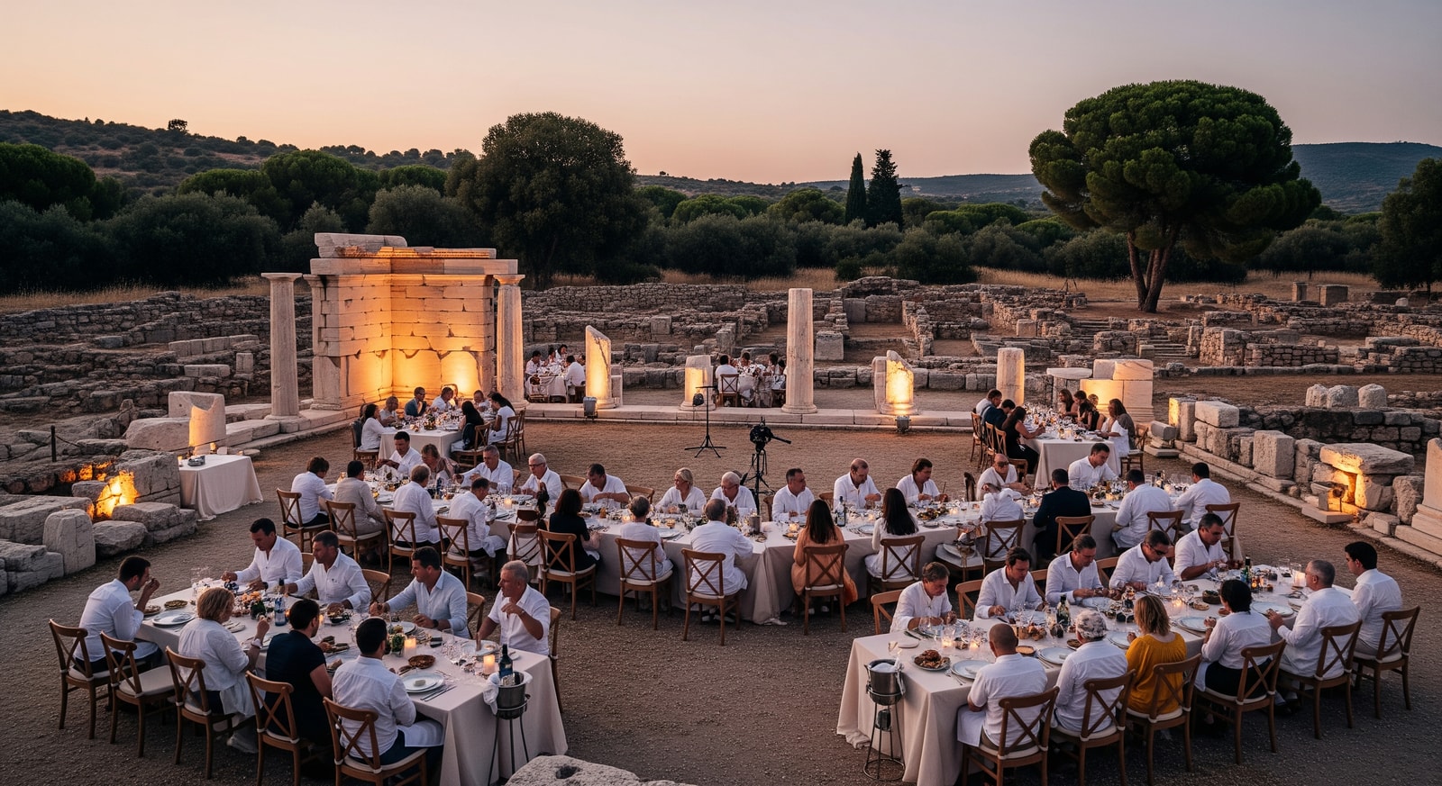Gastronomy event at an archaeological site in Greece with diners, local food and ancient ruins