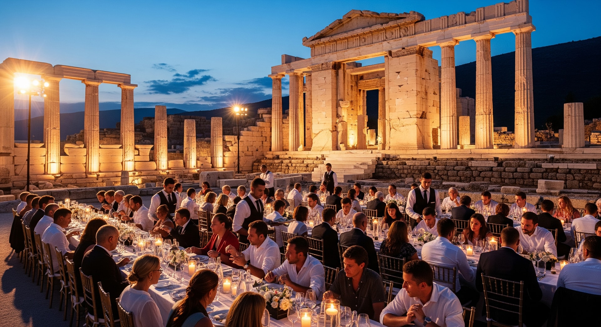 Outdoor gastronomy event set against ancient Greek ruins, showing diners and illuminated archaeological structures