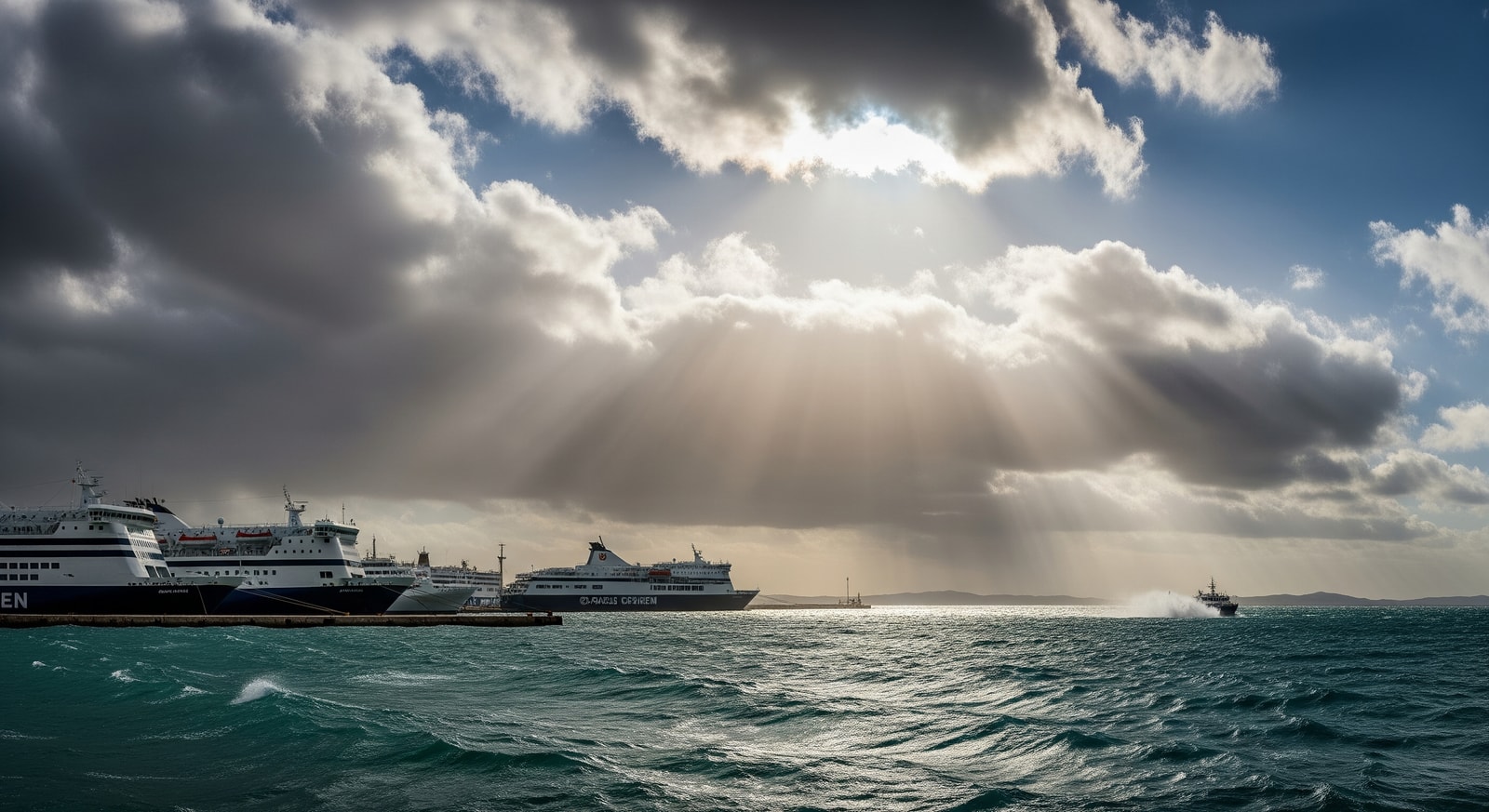 Ferries docked at Piraeus port during high winds disrupting services to the Greek islands