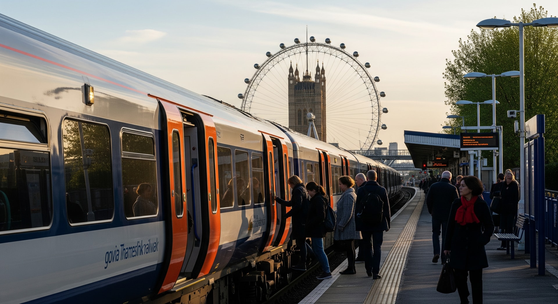 Passengers boarding a Govia Thameslink Railway train near UK city landmarks