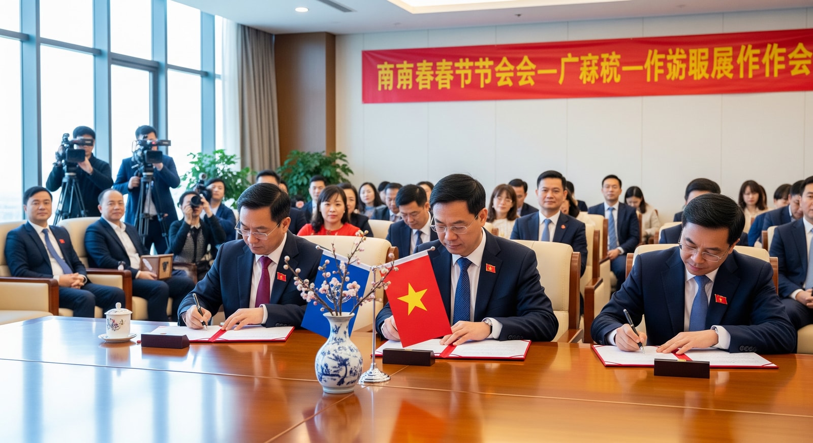 Officials from Guangxi and Vietnamese localities signing cooperation agreements at the Nanning Spring Festival Meeting, reflecting Guangxi Vietnam tourism collaboration