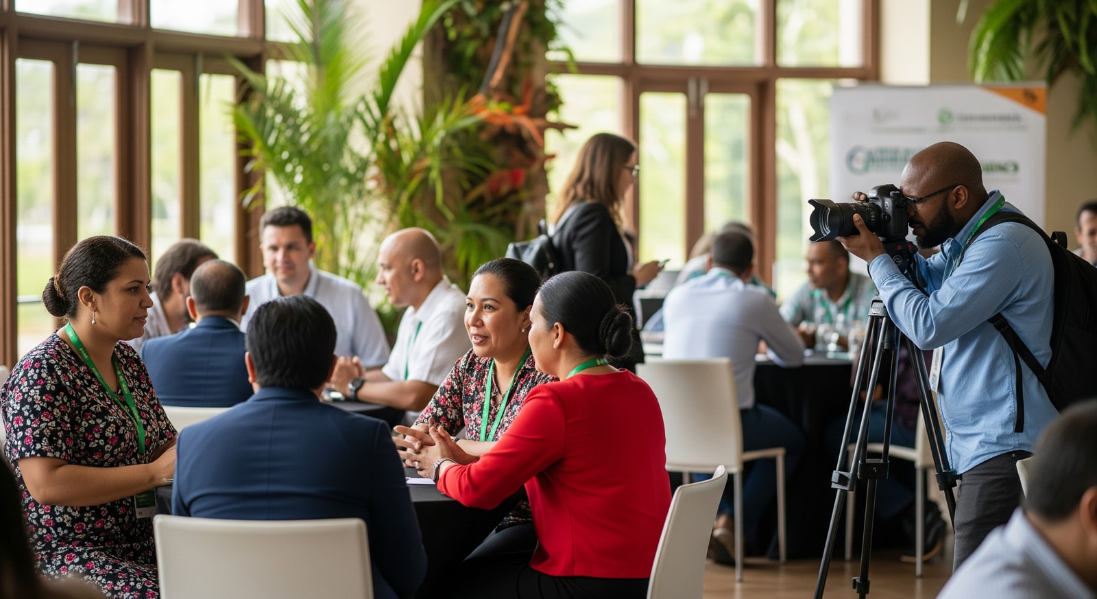Delegates at a conference venue in Georgetown, Guyana, highlighting meetings and eco-tourism discussions