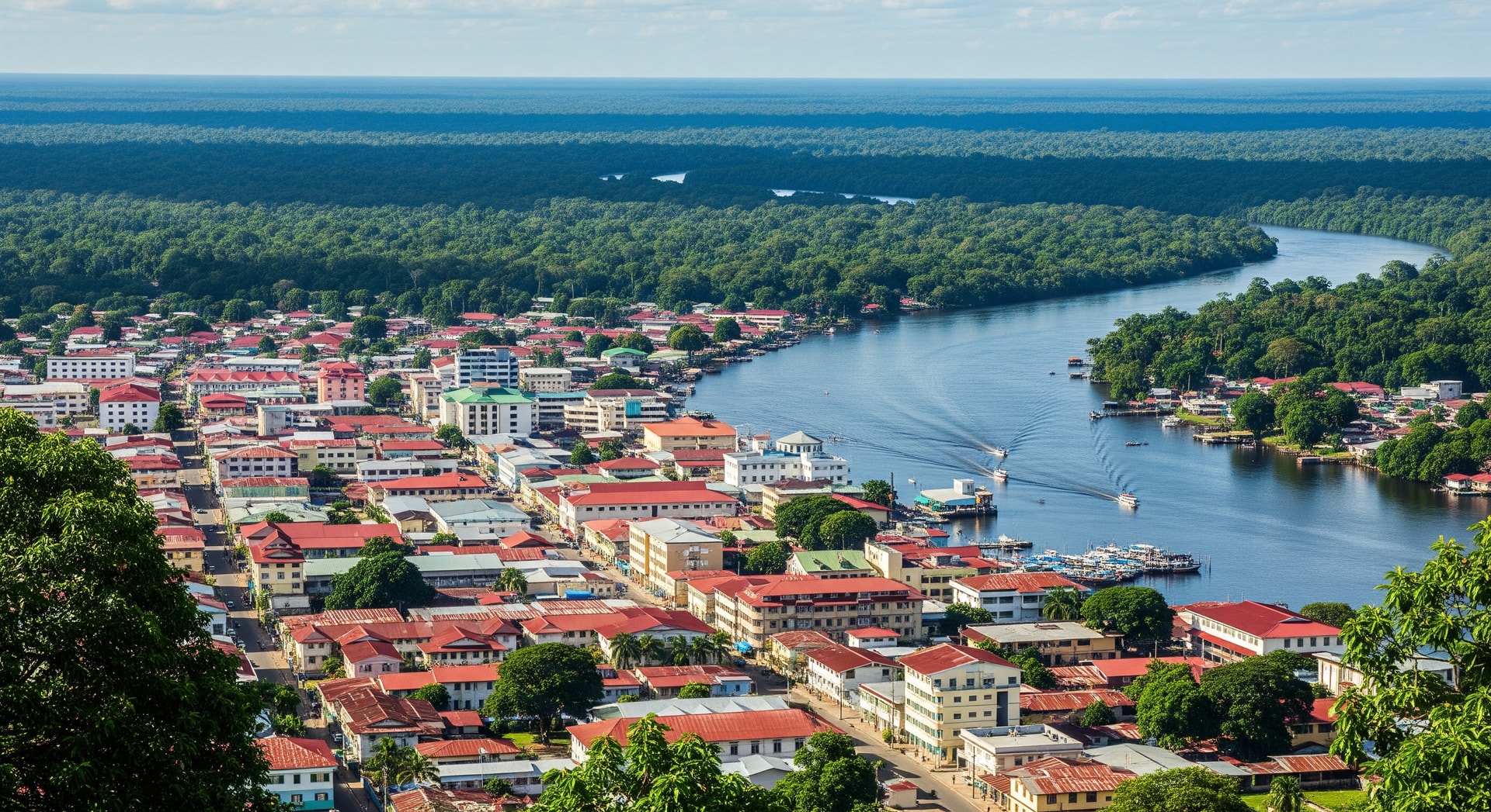 Panoramic view of Georgetown, Guyana with rainforest backdrop highlighting eco-tourism potential