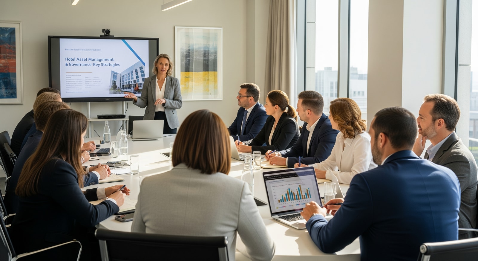 Hospitality industry professionals in a conference setting discussing hotel asset management and governance