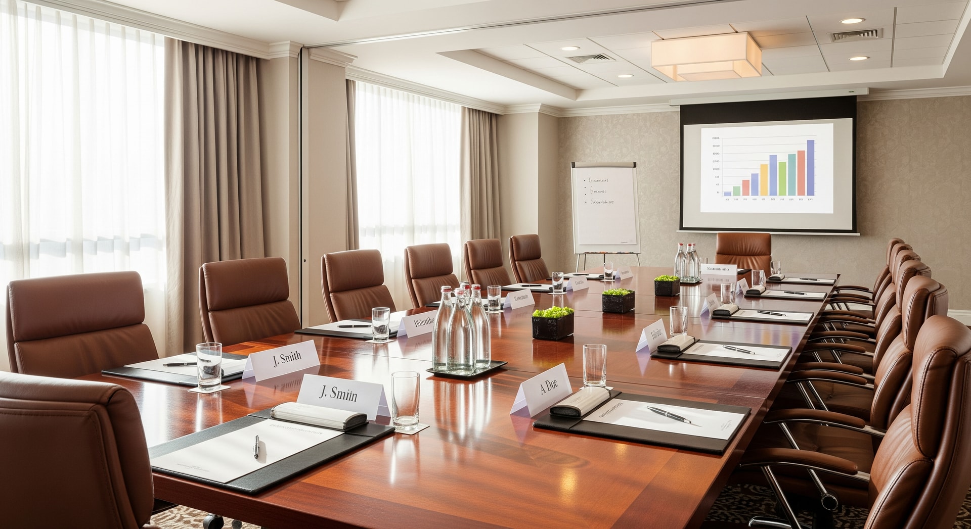 A hotel meeting room set up for a board meeting with nameplates and documents