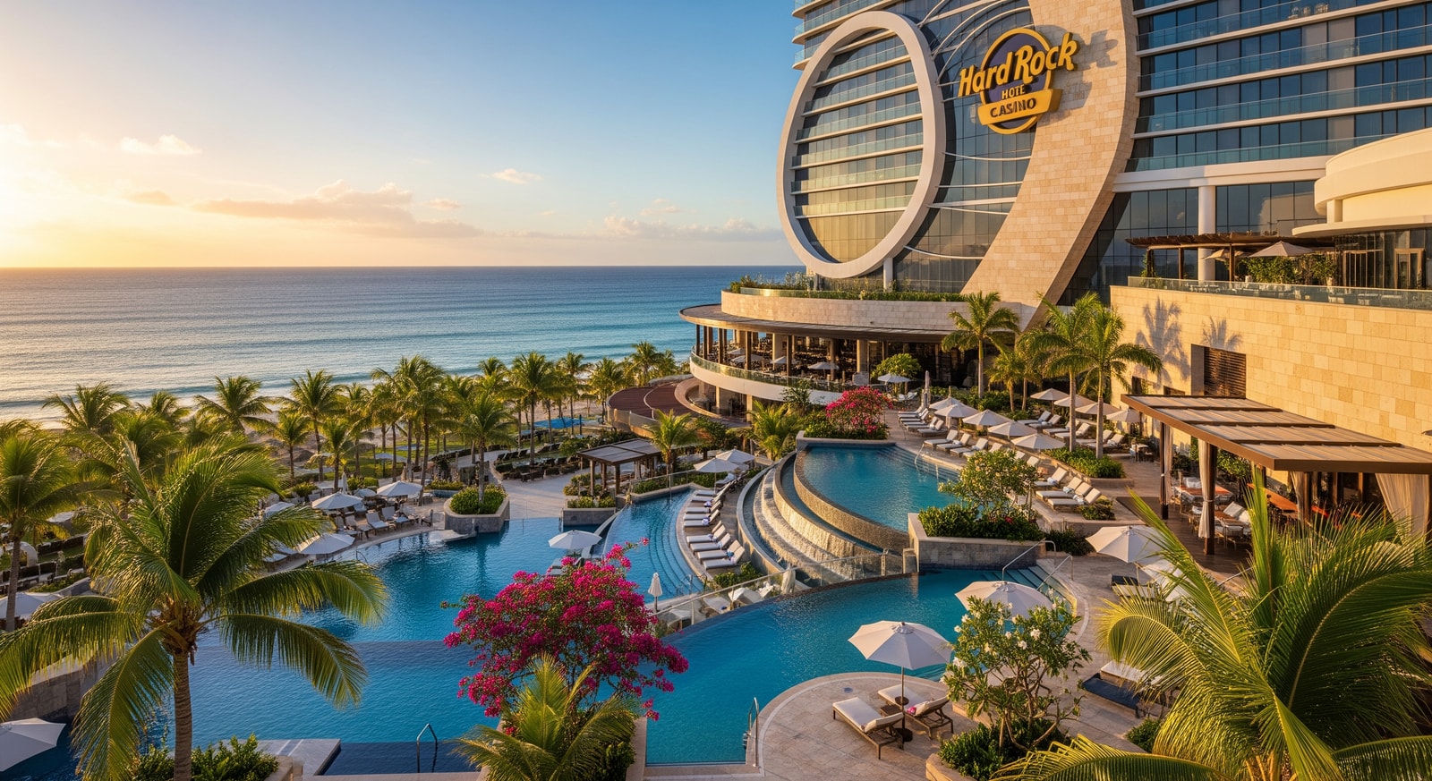 Architectural rendering of Hard Rock Hotel & Casino San Juan with ocean views and pool terraces