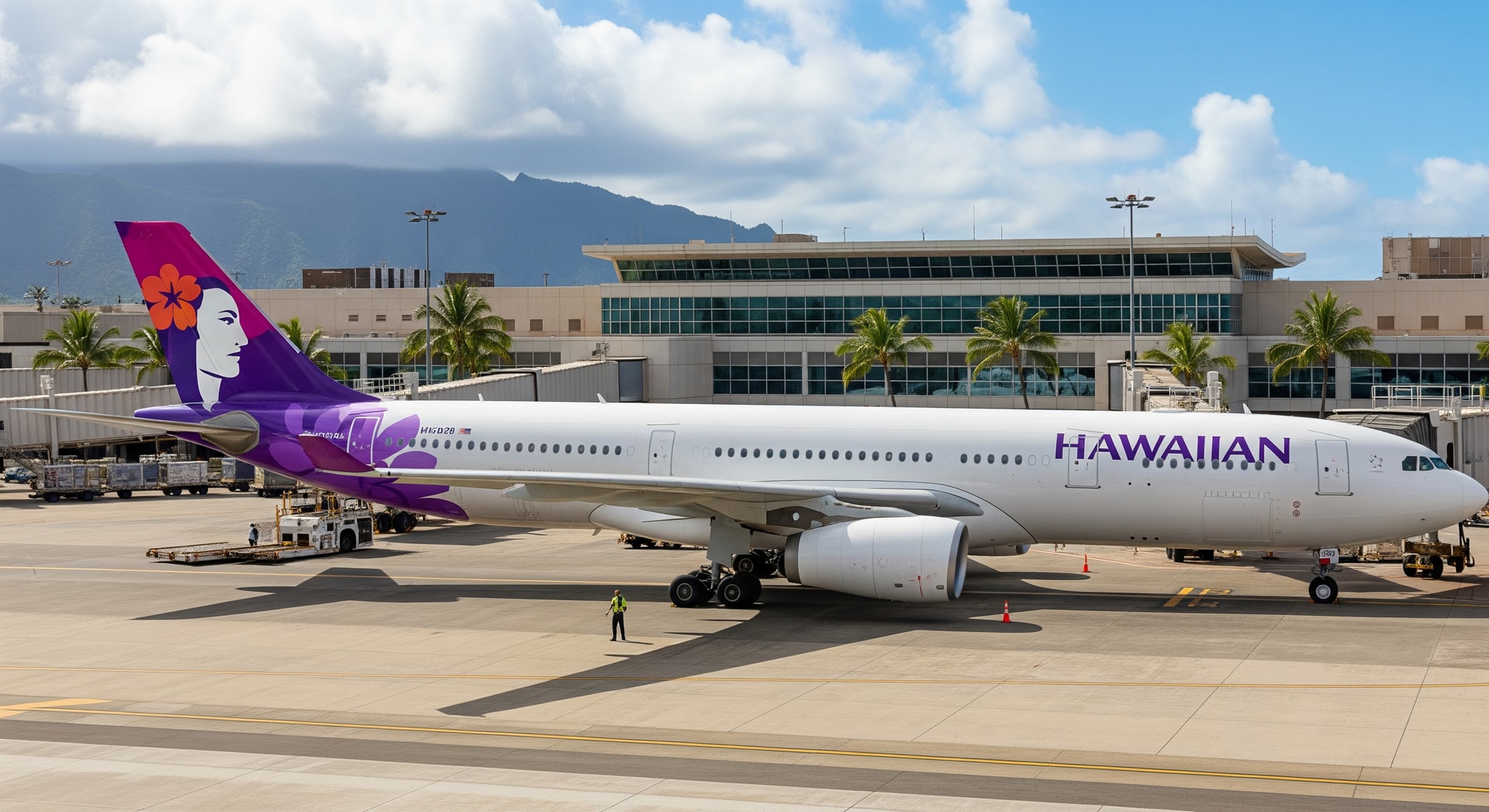 Hawaiian Airlines aircraft at Honolulu International Airport with terminal infrastructure in the background