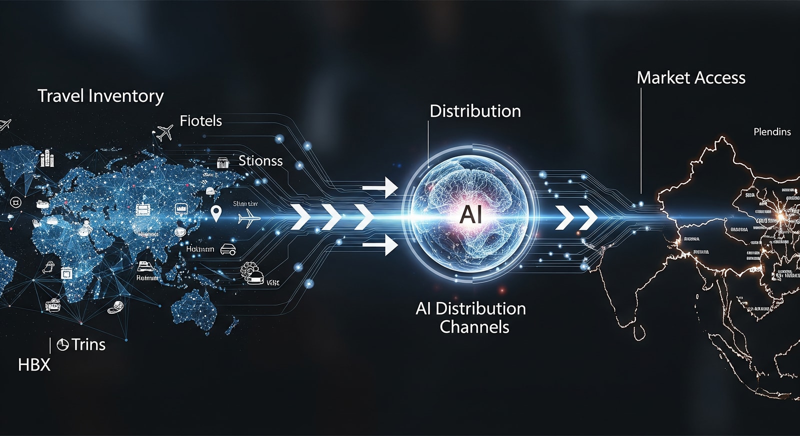 HBX and Dida partnership illustration showing travel inventory connected to AI distribution channels and China market access