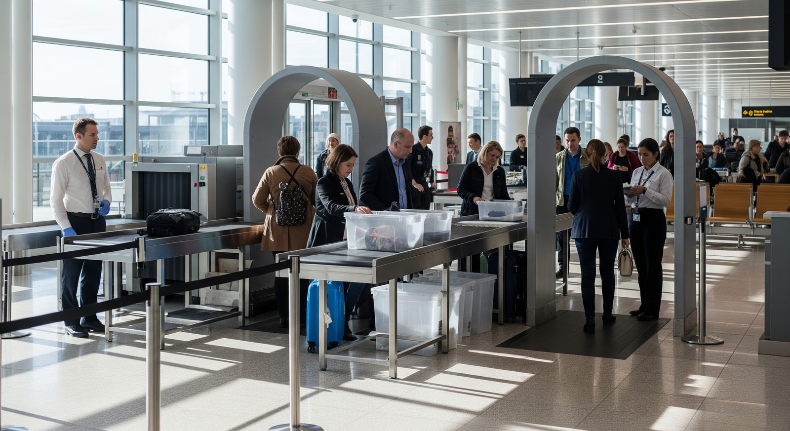 Passengers queuing at a modern security checkpoint at London Heathrow, showing airport operations and passenger flow
