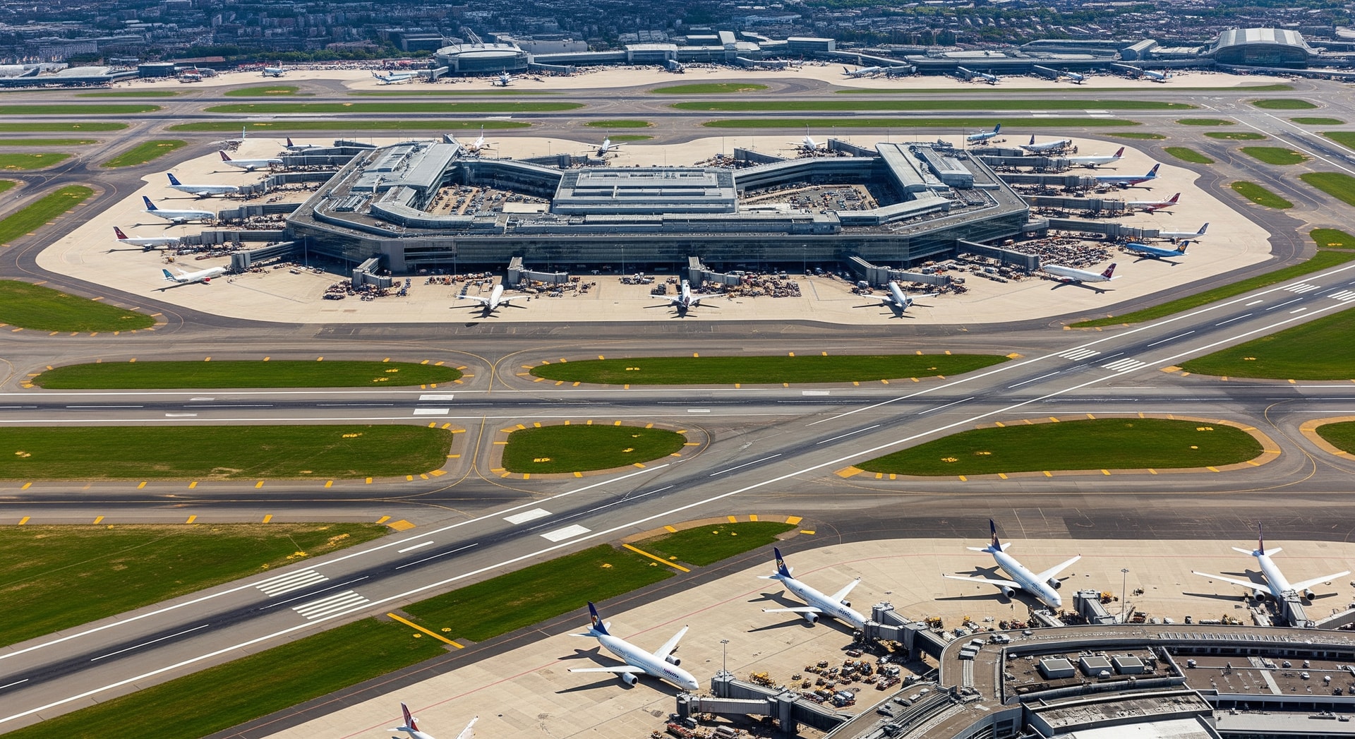 Aerial view of London Heathrow terminals and runways with aircraft on taxiways