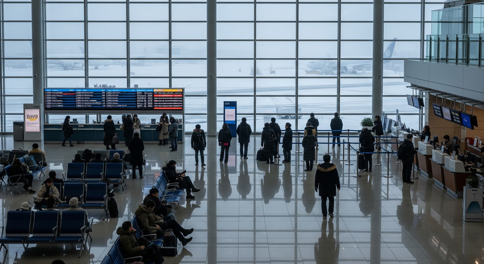 Passengers waiting inside Jeju International Airport amid heavy snow and flight disruptions