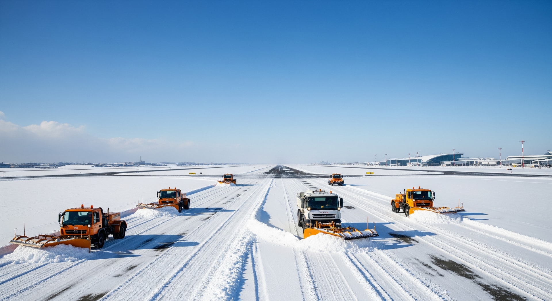 Snow-covered runway at Jeju International Airport with service vehicles clearing snow