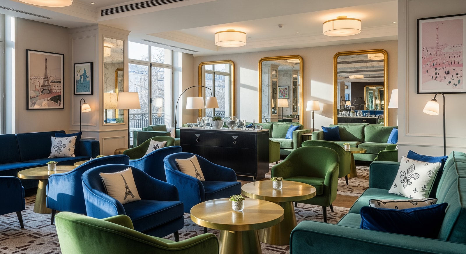 Interior lounge space at the Paris Marriott Champs-Élysées showcasing redesigned furnishings and Parisian-inspired decor