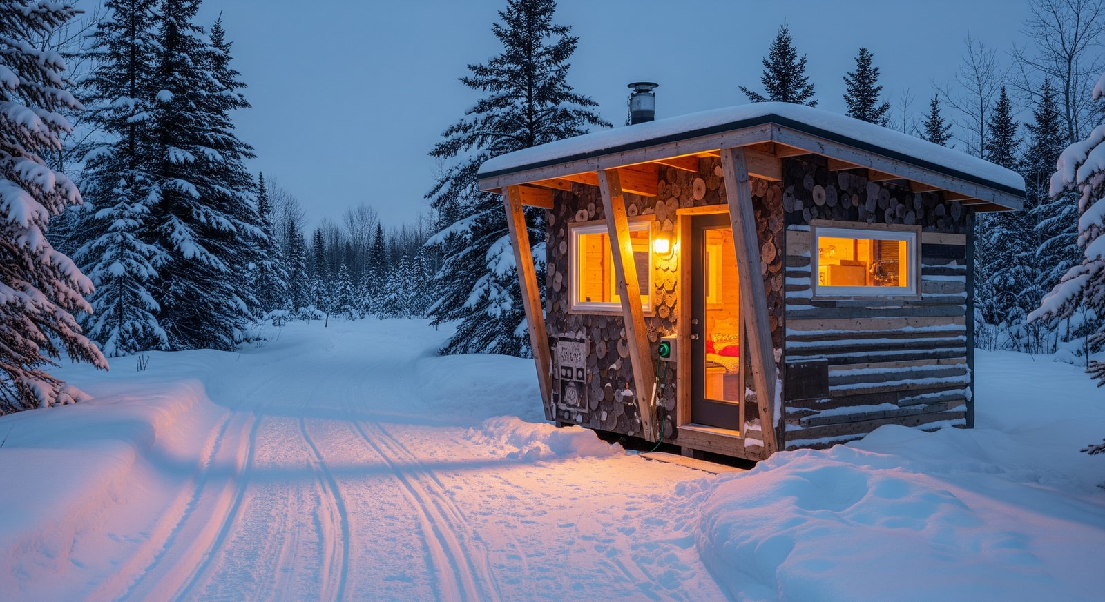 Exterior of a student-built Sudbury warming hut beside a snowmobile trail, showing a heated interior and charging point