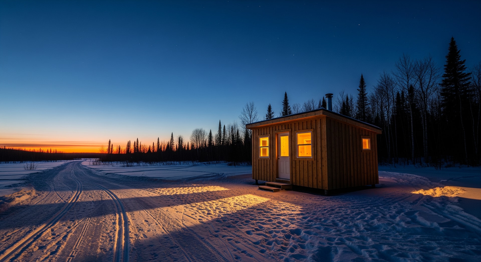 One of the new Sudbury warming huts lit at dusk on a snowmobile trail