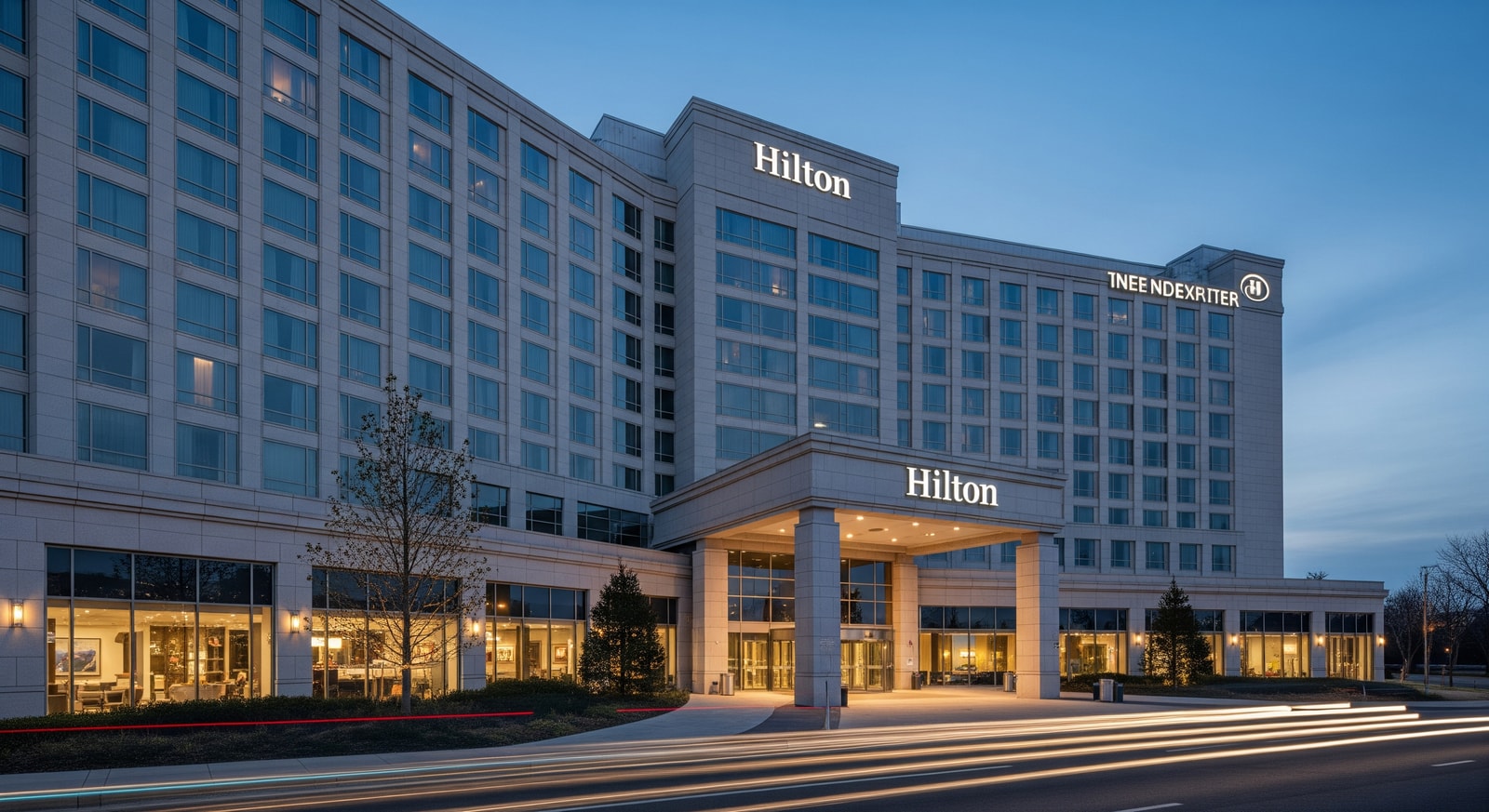 Hilton hotel exterior at dusk showing global expansion and new openings