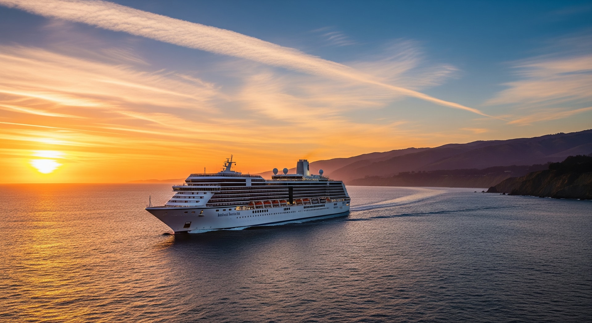 A Holland America Line cruise ship sailing along the Pacific coast at sunset