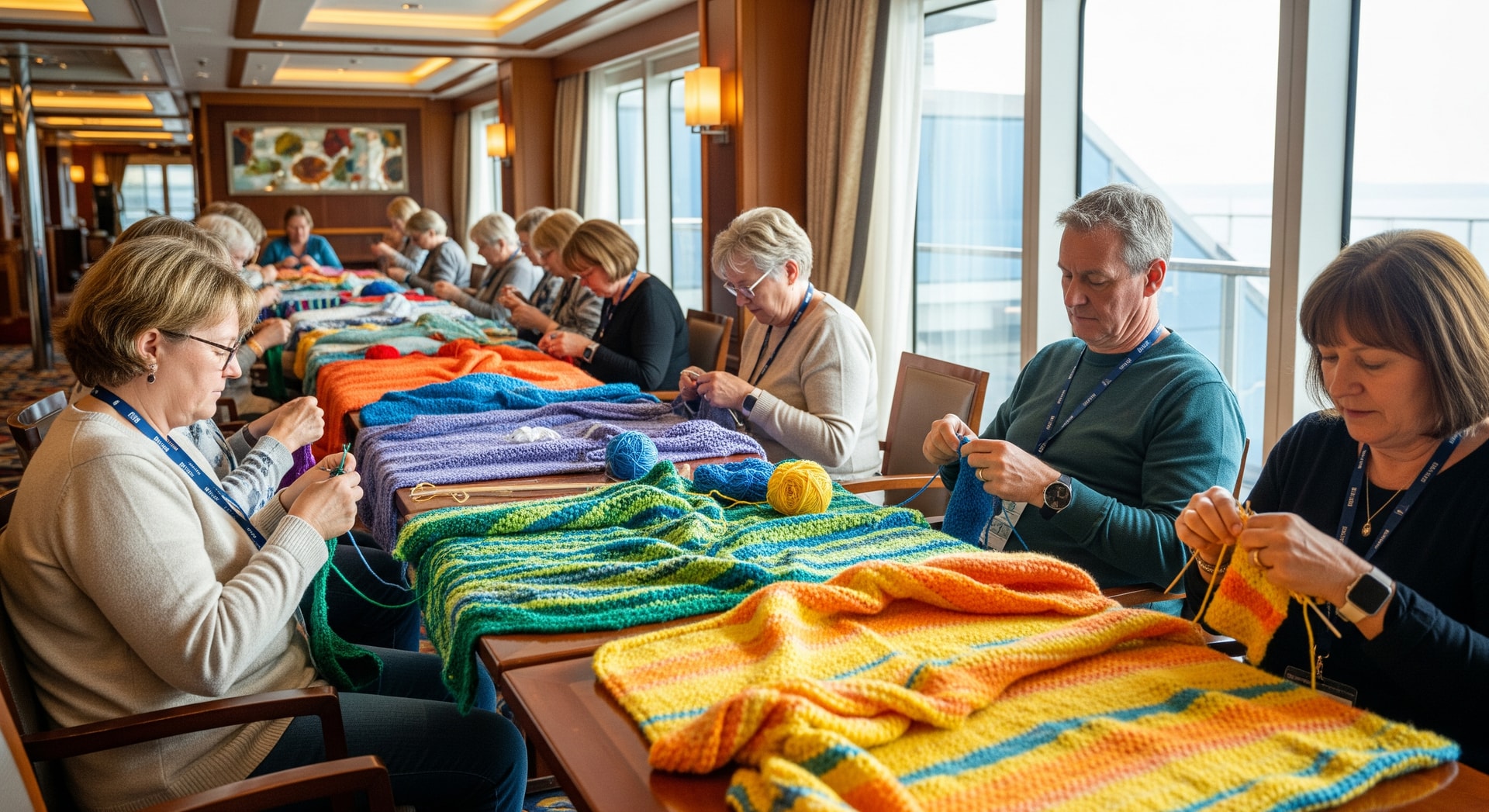 Guests aboard a cruise ship knitting blankets during a charitable workshop