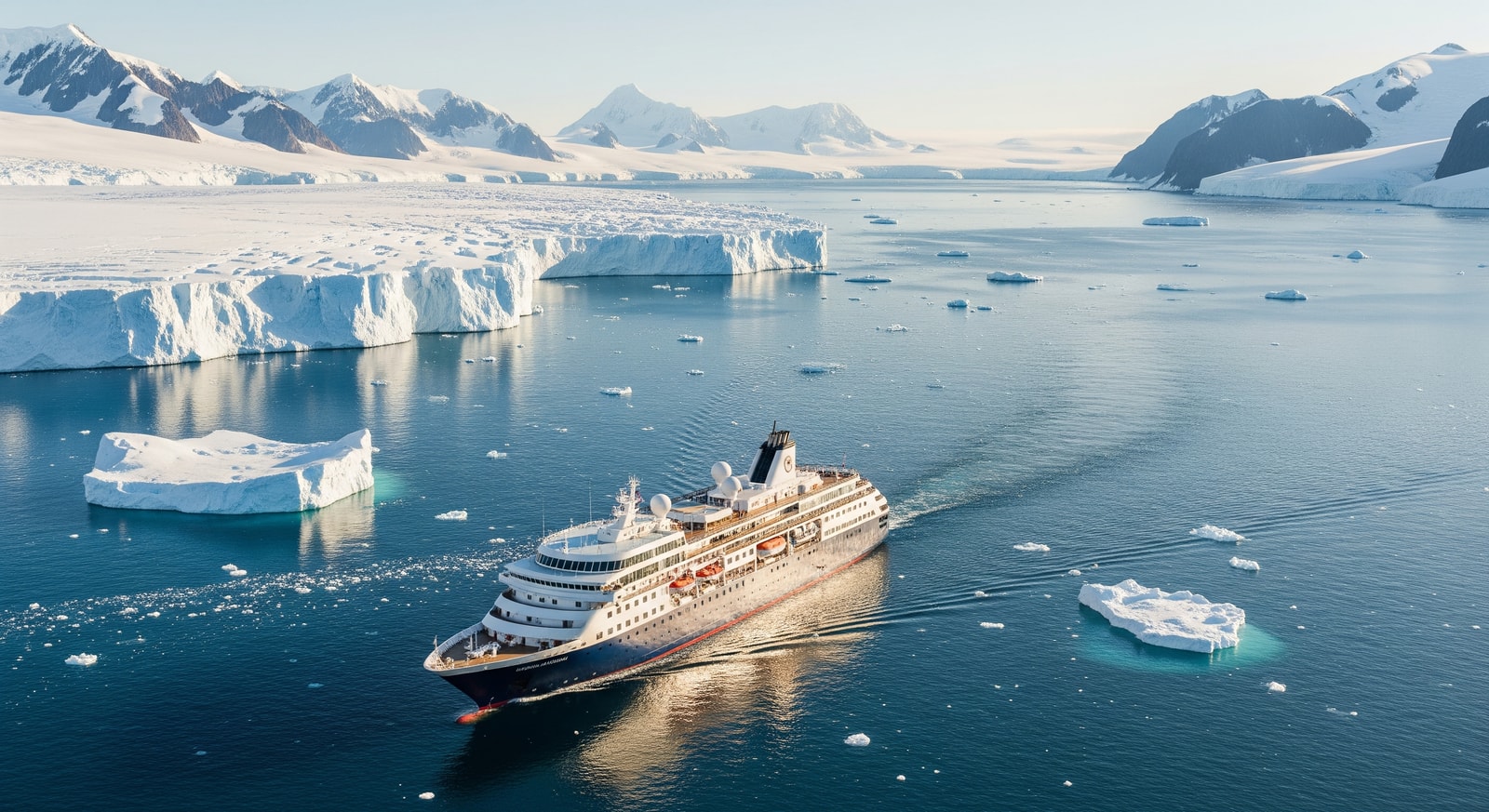 Nieuw Amsterdam cruising near icy Antarctic waters and South American coastline, illustrating expanded itineraries