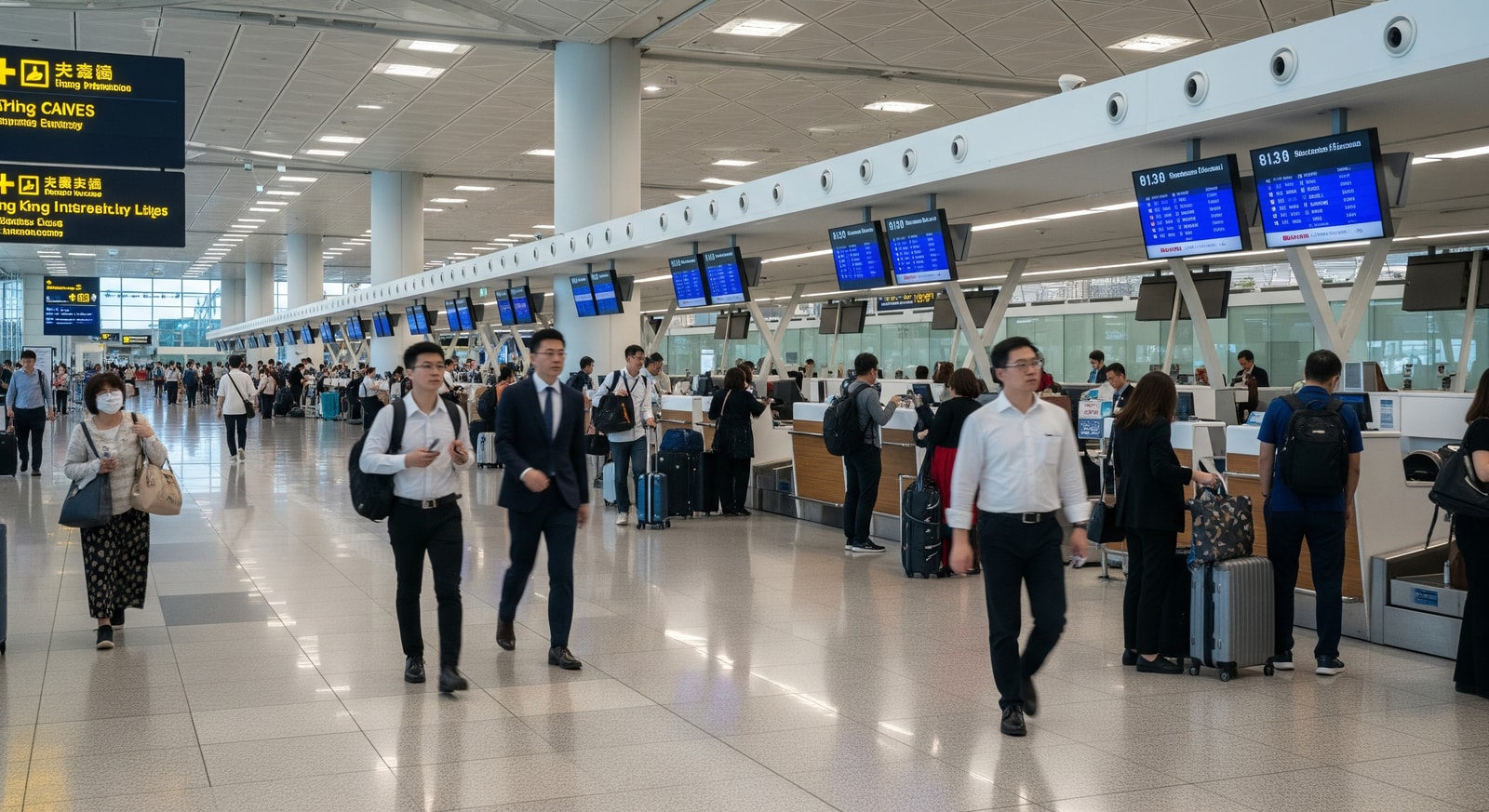 Passenger traffic inside Hong Kong International Airport terminal with check-in counters and signage