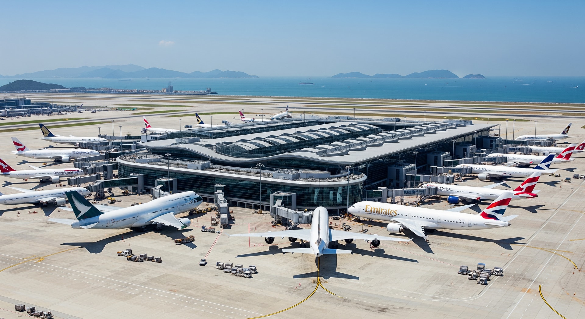 Exterior view of Hong Kong International Airport terminals with aircraft on the apron