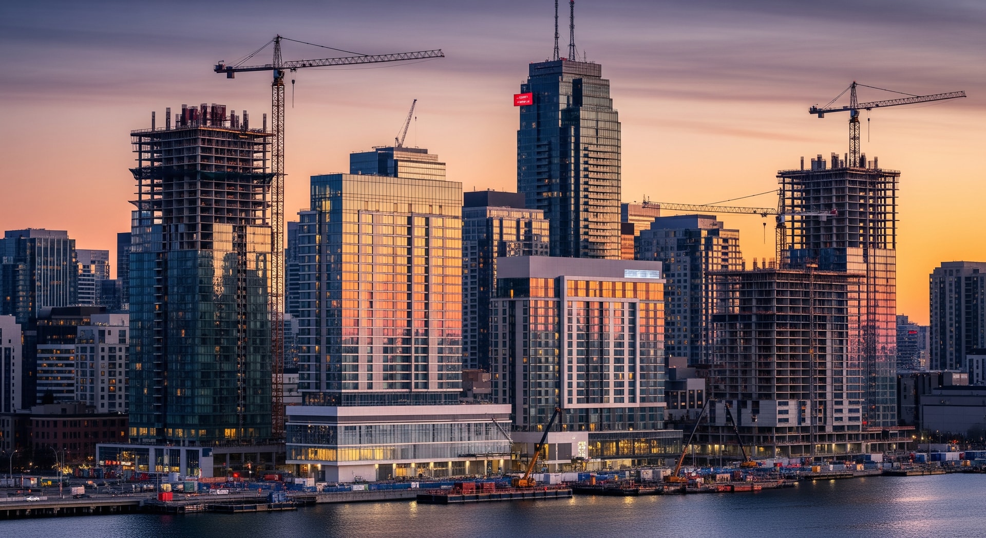 Construction cranes and new hotel developments in a Canadian city skyline, illustrating Canada hotel pipeline growth