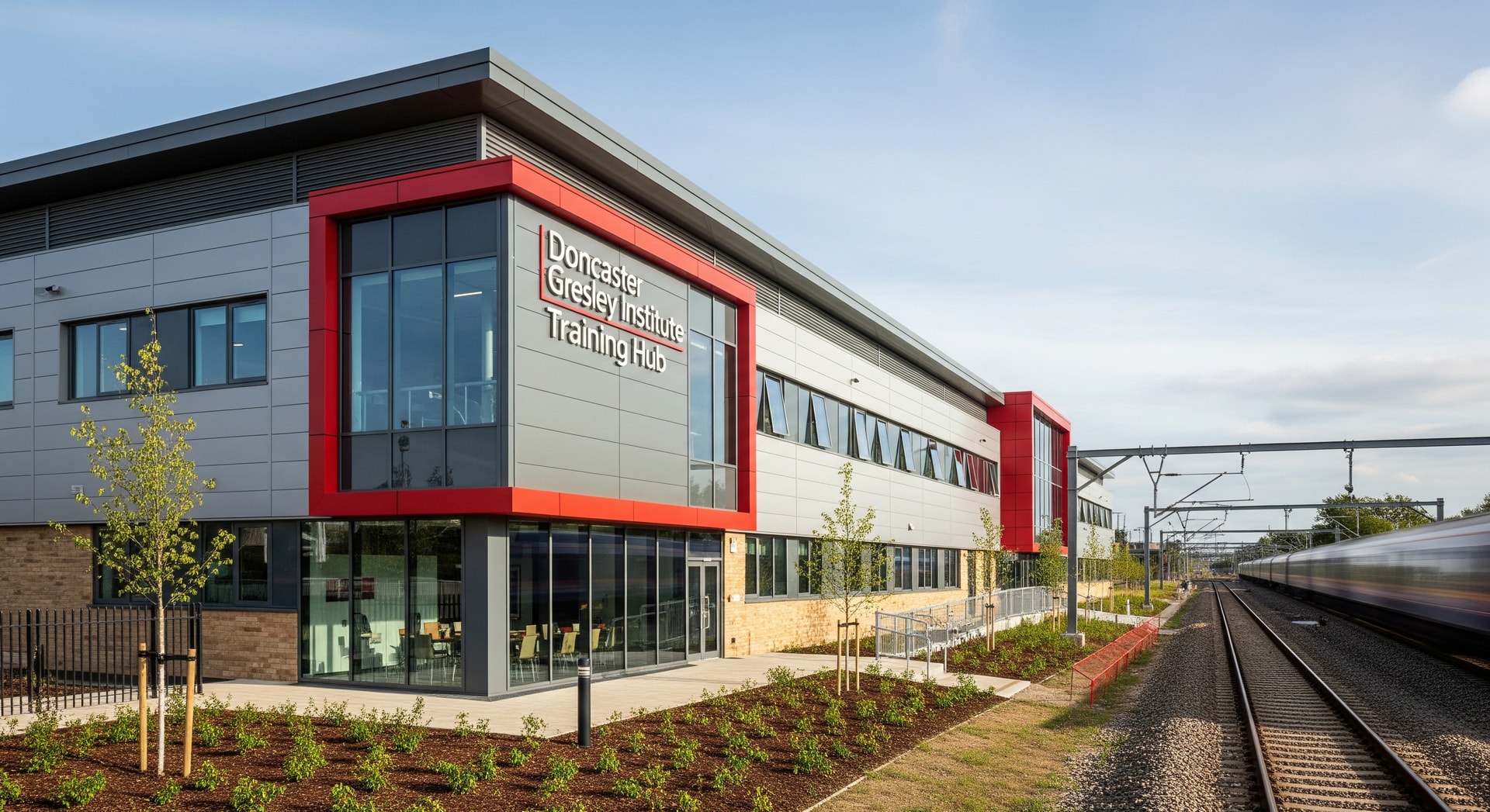 Exterior of the Doncaster Gresley Institute training hub with rail tracks nearby