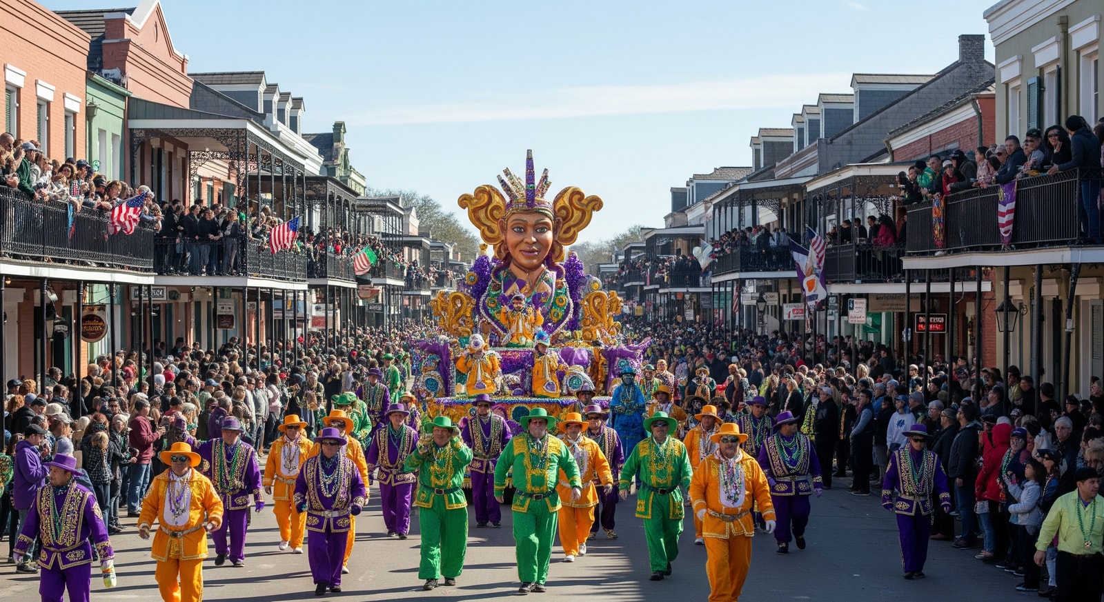 Mardi Gras parade and crowded streets in New Orleans, showcasing tourism and cultural events