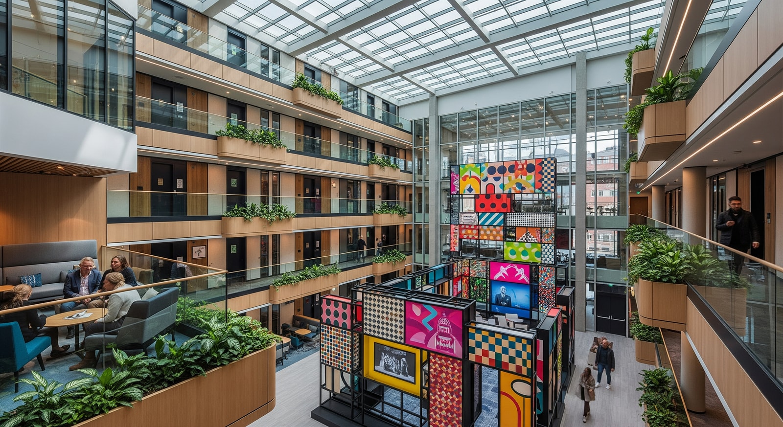 Interior atrium of hub by Premier Inn London Farringdon (Old Bailey) with cultural display space and contemporary design elements