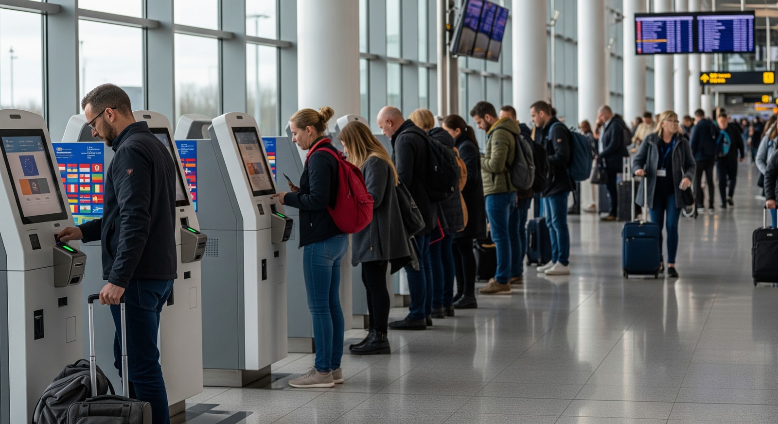 Passengers using biometric kiosks at a European airport as part of new EES checks