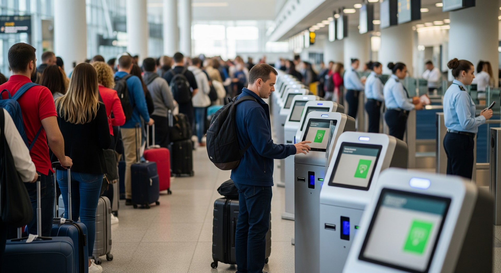 Passengers queueing at an airport passport control with biometric kiosks visible
